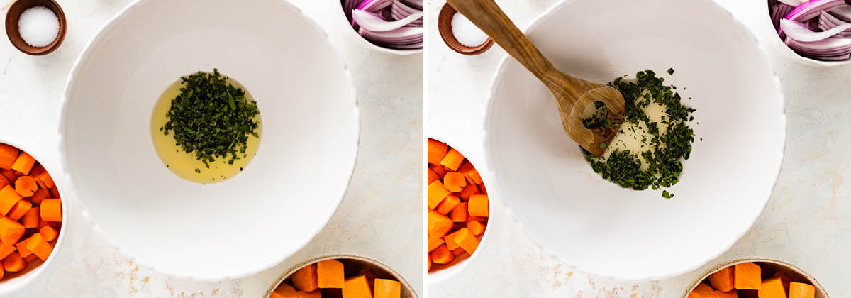 Two photos of a bowl of oil and fresh chopped oregano, before and after being mixed.