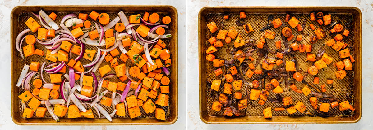 Side by side photos of root veggies on a sheet pan, before and after being roasted.