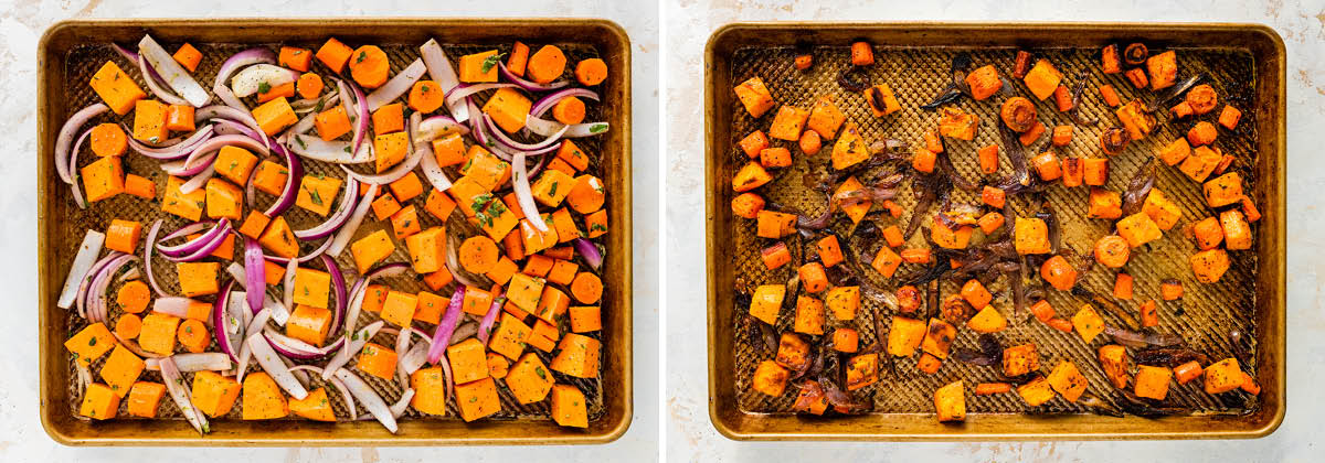 Side by side photos of root veggies on a sheet pan, before and after being roasted.