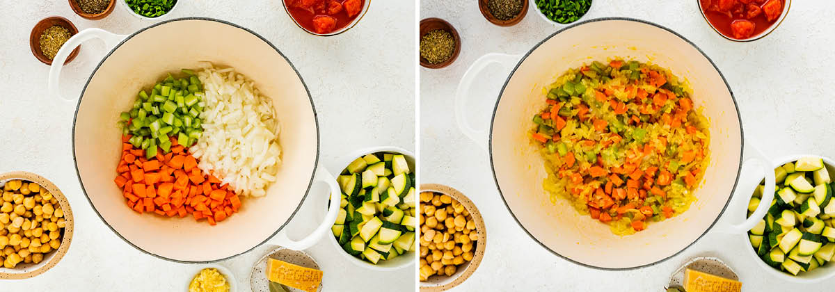 Side by side photos of veggies and garlic in a pot, before and after being cooked.