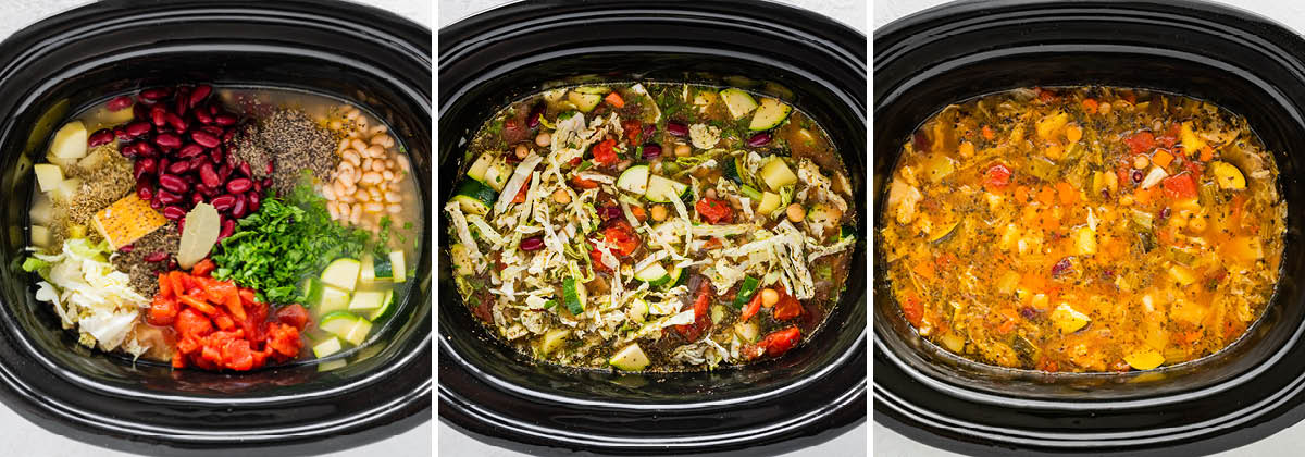Three photos showing the cooking steps of Slow Cooker Minestrone Soup: veggies and broth in a slow cooker, cabbage being added, and the soup softened when cooked.