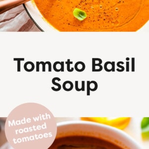 Tomato Basil Soup in a pot and served in a bowl with bread being dipped into it.
