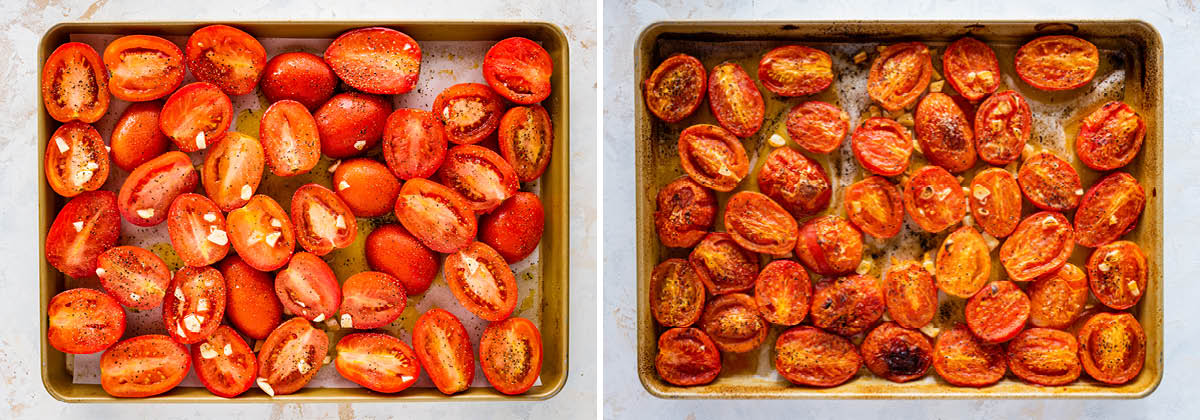 Two photos of a sheet pan of halved tomatoes, before and after being roasted.