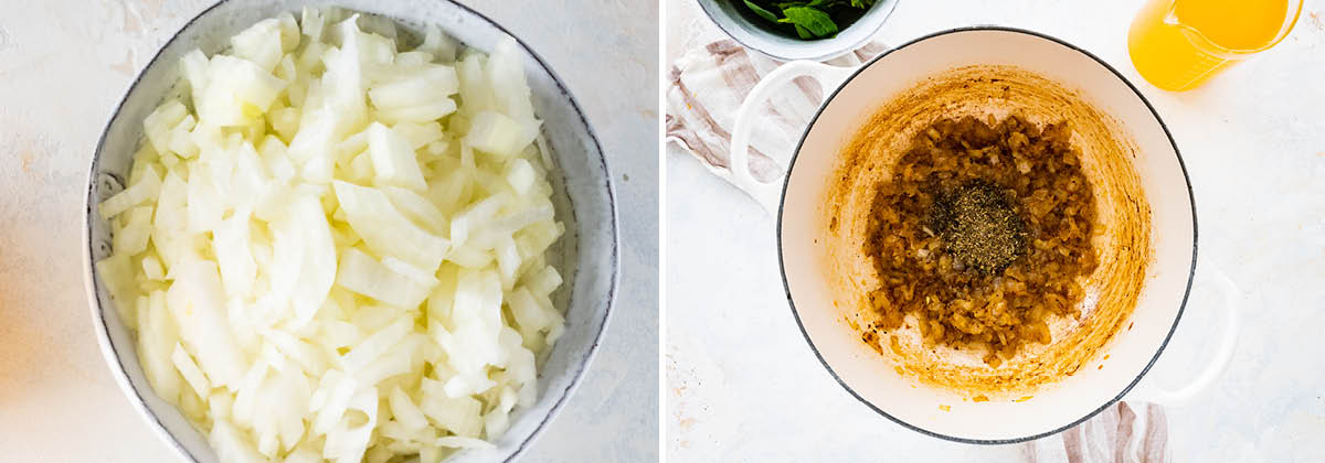 Photo of raw chopped onions. Photo of sautéd onions with spices in a pot.