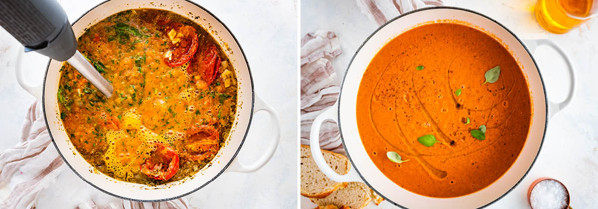 Photo of an immersion blender blending tomatoes and broth. Photo of Tomato Basil Soup in a pot smooth.