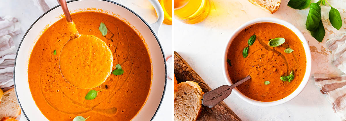 Pot of Tomato Basil Soup and a photo of the soup in a bowl.