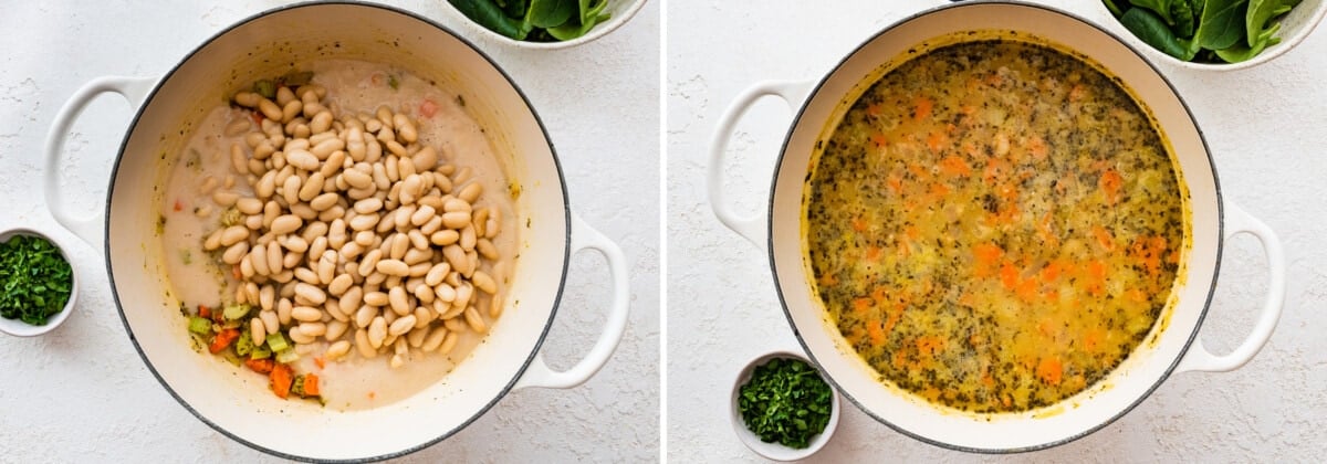 Pot of white beans, broth and veggies before after after simmering.