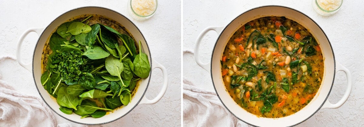 Pot of white bean soup with spinach added, before and after getting wilted.