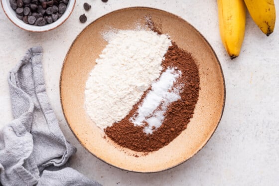 The dry ingredients for the chocolate banana bread in a bowl.