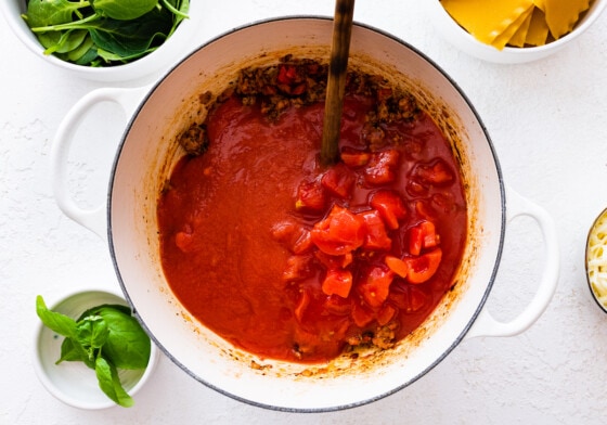Tomatoes and marinara sauce added to a large pot.