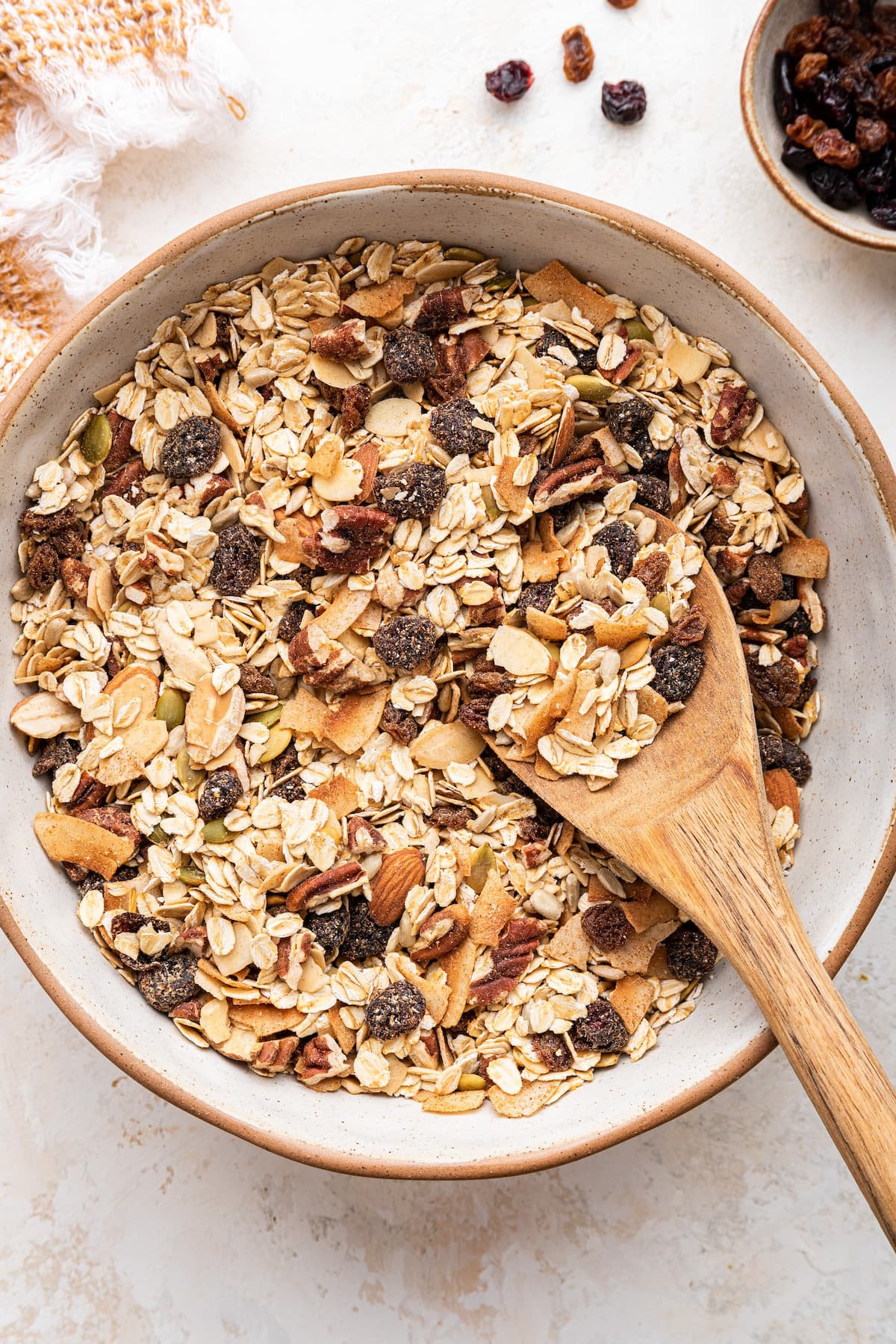 A large mixing bowl full of muesli.