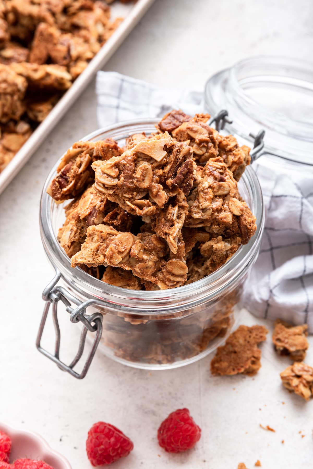 Protein granola in a glass jar.