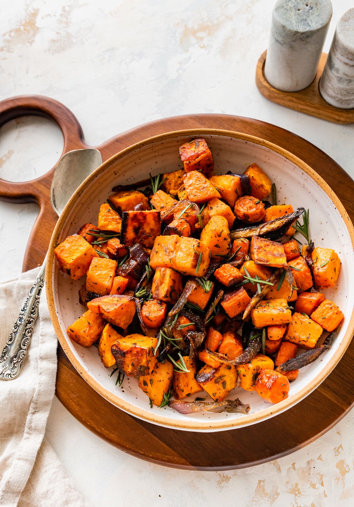 Roasted root vegetables in a bowl.