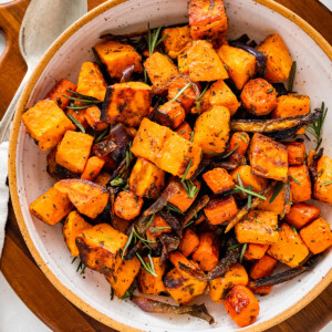 Roasted root vegetables in a bowl.