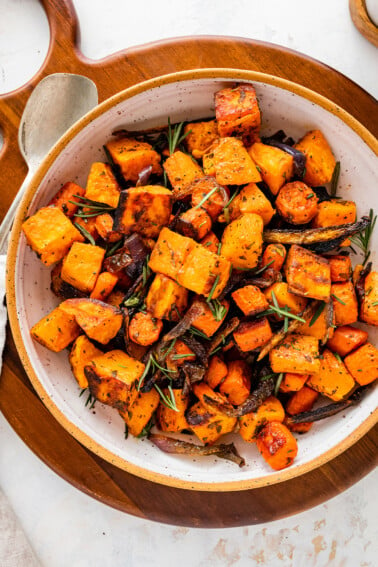 Roasted root vegetables in a bowl.
