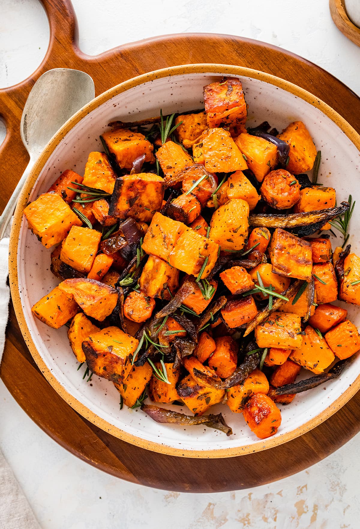 Roasted root vegetables in a bowl.