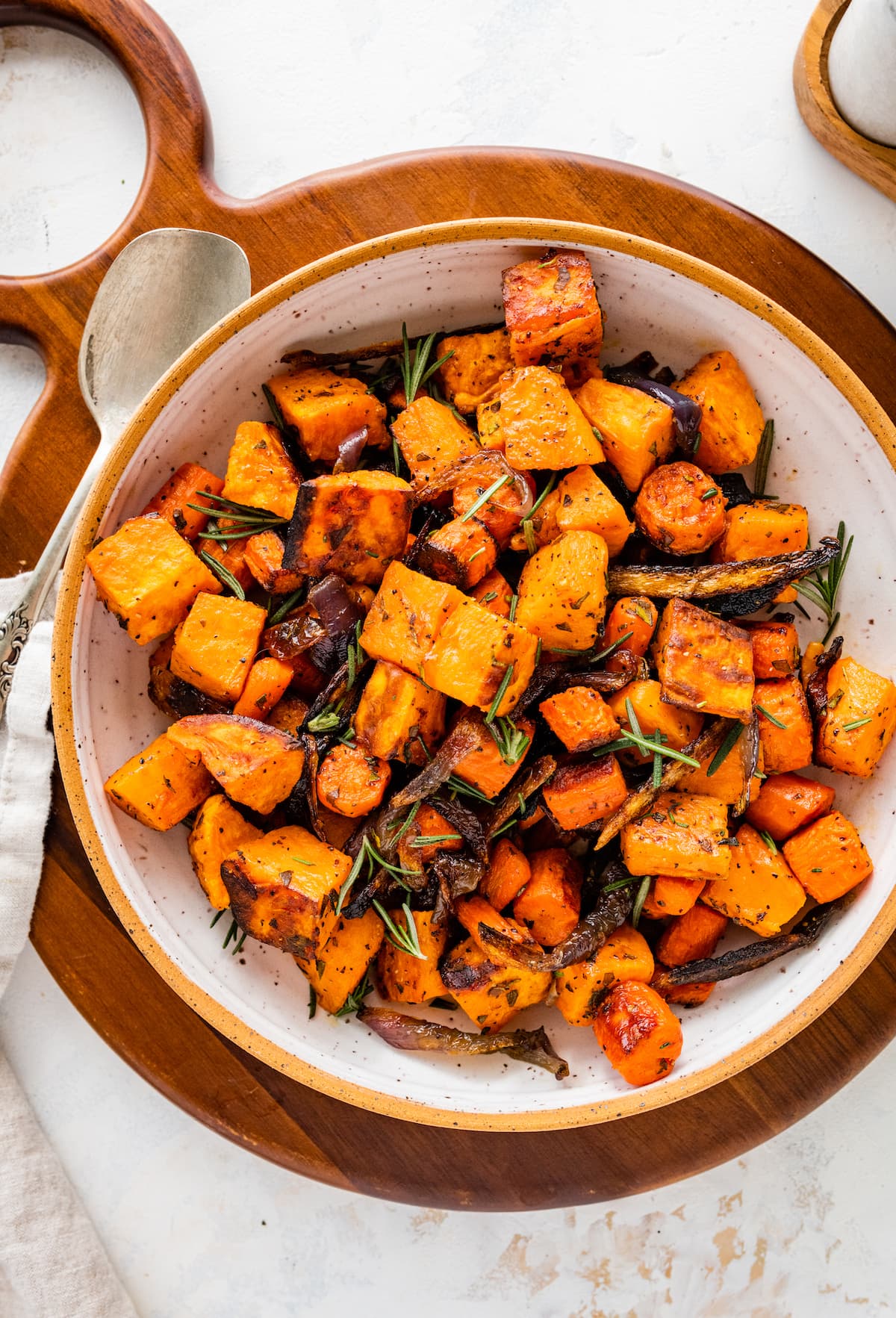 Roasted root vegetables in a bowl.