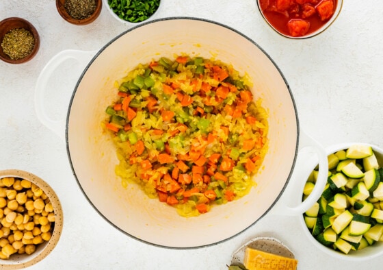 Sauted onion, carrot, and celery in a large pot.