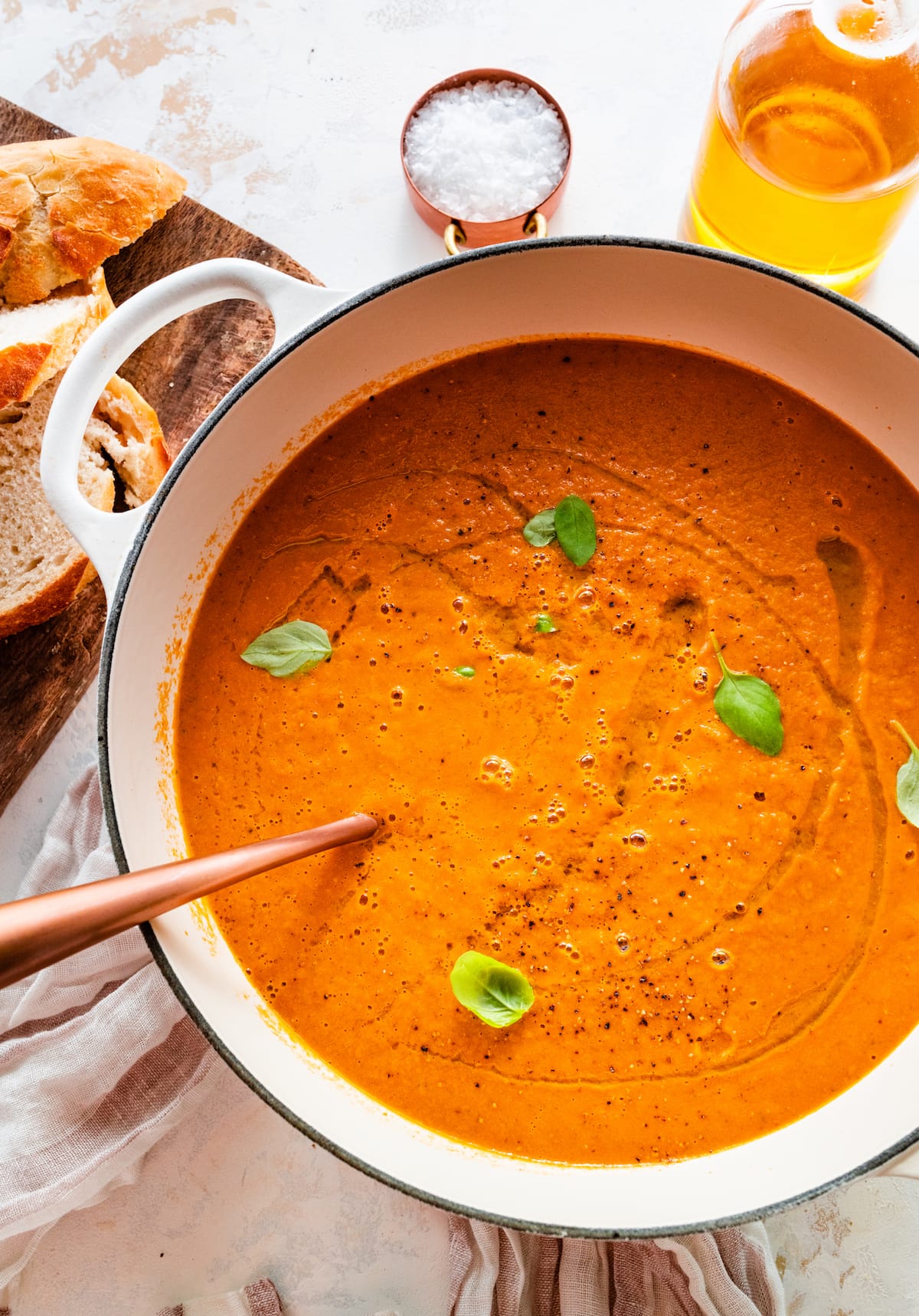 Tomato basil soup in a large pot.