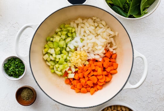 Raw vegetables including carrots, onion, celery, and garlic in a large pot.