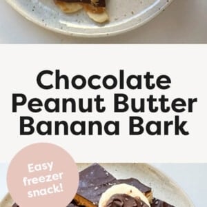 Two photos showing a woman's hand holding a piece of frozen Chocolate Peanut Butter Banana Bark.