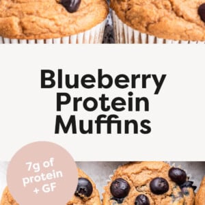 Blueberry Protein Muffin with a bite taken out of it. Photo below is of several Blueberry Protein Muffins next to a bowl of blueberries.