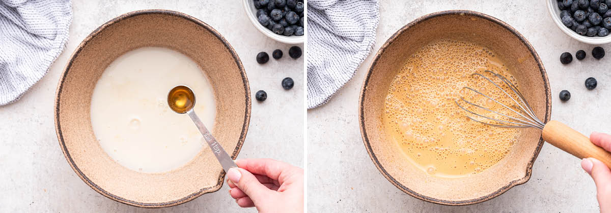 Side by side photos of wet ingredients being whisked together for Blueberry Protein Muffins.