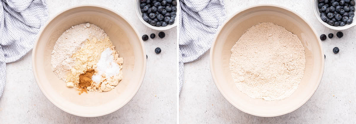 Side by side photos of dry ingredients mixed together for Blueberry Protein Muffins.