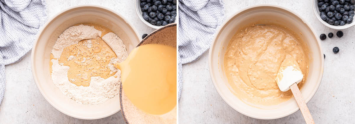 Side by side photos of the batter being stirred together for Blueberry Protein Muffins.