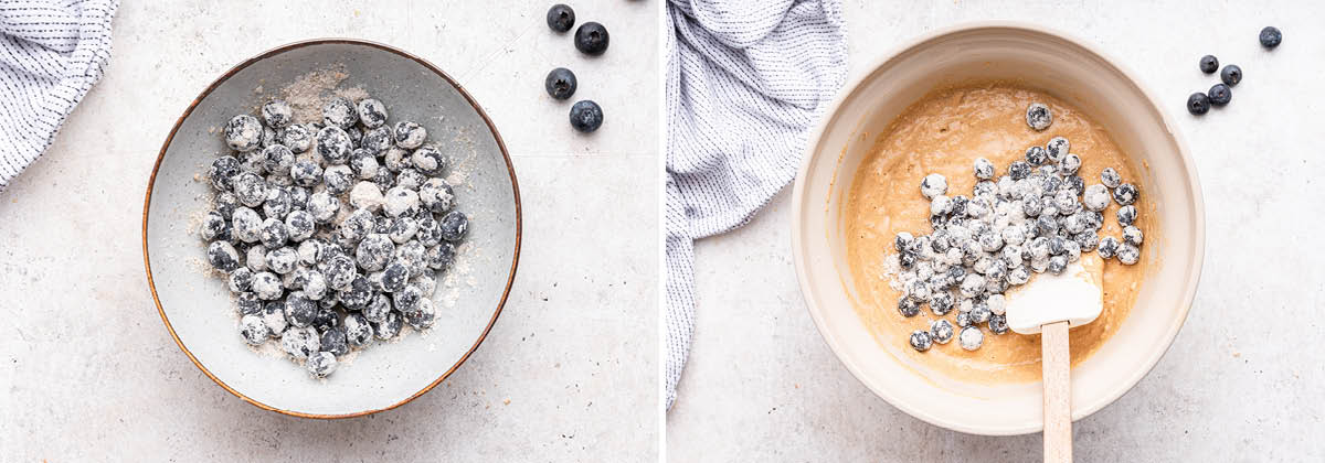 Blueberries tossed in oat flour and then added to muffin batter.