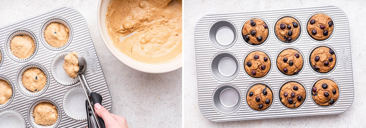 Side by side photos of Blueberry Protein Muffins in a muffin tin, before and after being baked.