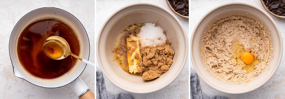 Three photos showing browned butter in a skillet, butter, and sugars in a bowl, and finally those ingredients creamed together with eggs being added.