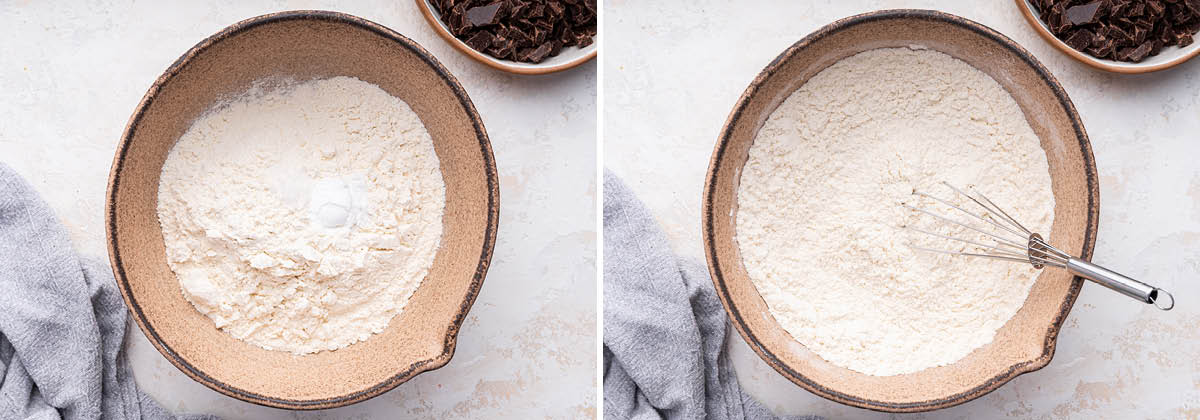 Side by side photos showing flour, salt and baking soda in a bowl being whisked together.