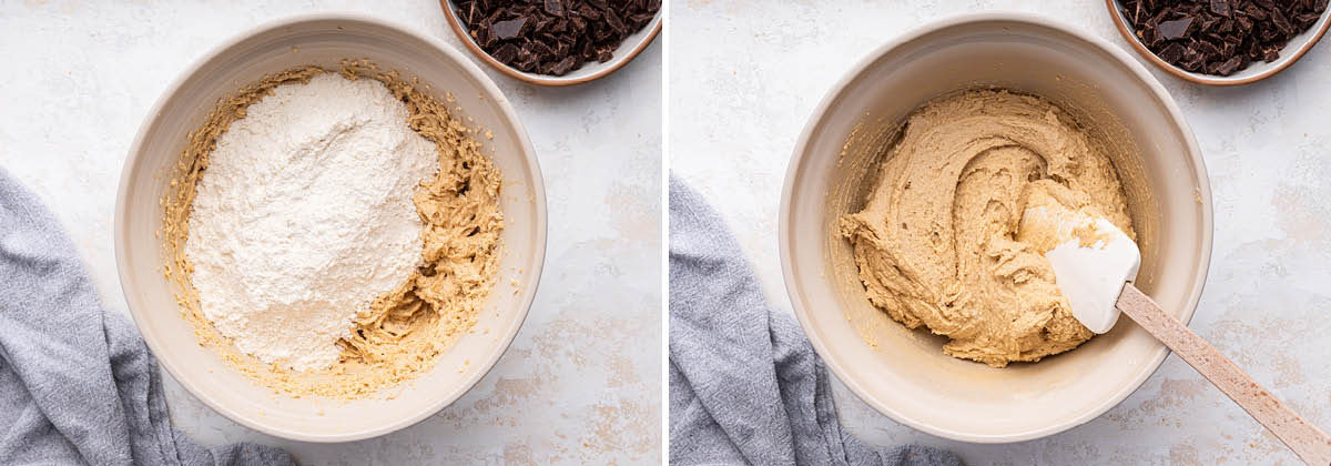 Side by side photos of a bowl with flour and the wet ingredients being incorporated to make cookie dough.