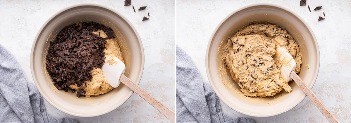 Side by side photos of a bowl of cookie dough with chopped chocolate being stirred in.