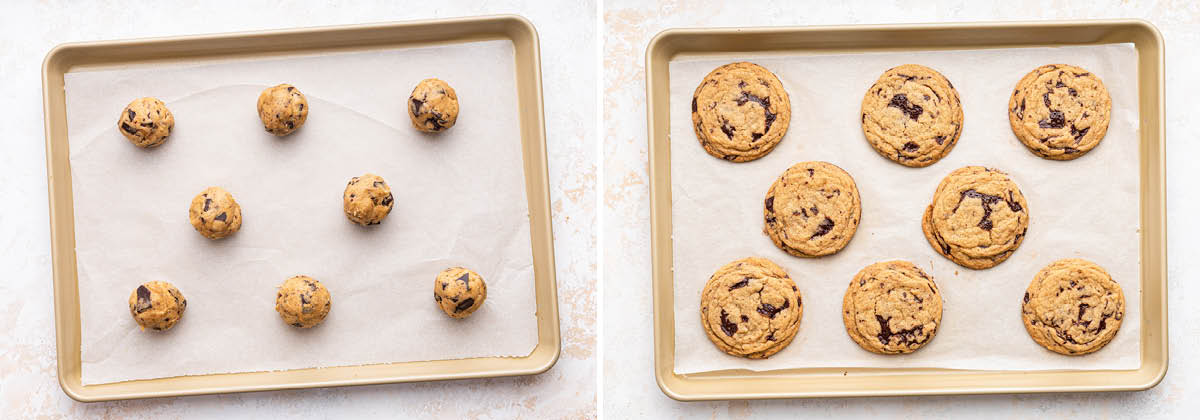 Side by side photos of cookies before and after being baked on a pan.