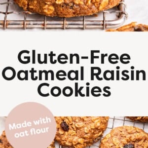 Oatmeal Raisin Cookies in a stack with one cookie that has a bite taken from it. Photo below is of the cookies on a cooling rack.