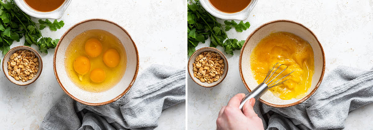 Side by side photos of four eggs being whisked in a bowl, before and after.