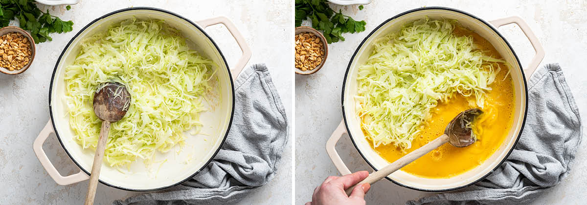 Side by side photos: one of cooked shredded cabbage in a skillet and the second of eggs added to the skillet to be scrambled.