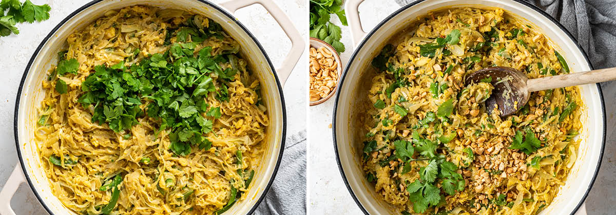 Photo of the cabbage pad thai topped with cilantro, and then a photo showing chopped peanuts added to the top as well.