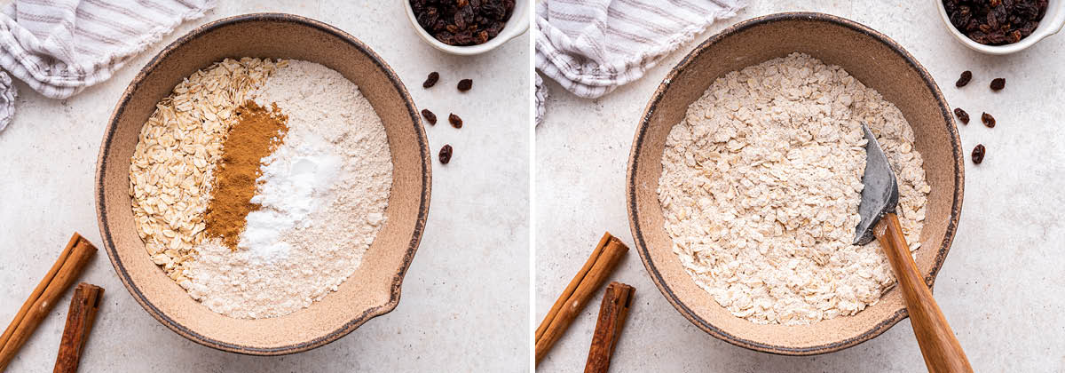 Side by side photos of the dry ingredients for Oatmeal Raisin Cookies before and after being mixed.