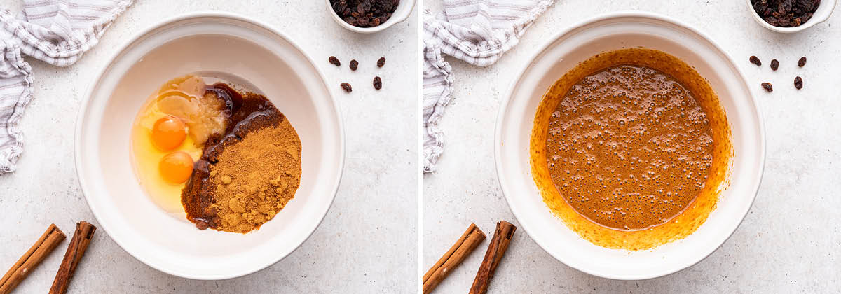 Side by side photos of the wet ingredients for Oatmeal Raisin Cookies before and after being mixed.