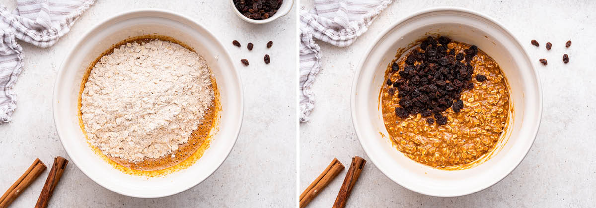 Photo of dry ingredients being added to wet ingredients for Oatmeal Raisin Cookies. Next photo is of raisins added to the cookie dough.