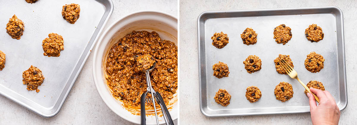 Cookie scoop adding batter for Oatmeal Raisin Cookies to a sheet. Next photo is a fork pressing the cookie dough balls down slightly.