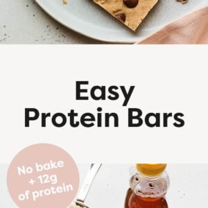 Peanut butter chocolate chip protein bars on a plate. Ingredient for the protein bars in a second photo.
