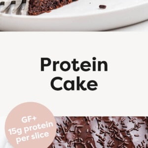 Photo of a slice of chocolate Protein Cake and another photo that is a bird's eye view of the cake cut into slices.