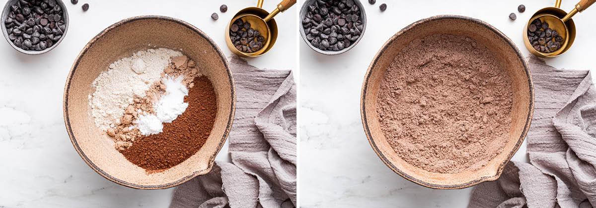 Side by side photos of dry ingredients to make Protein Cake in a bowl, before and after being stirred together.