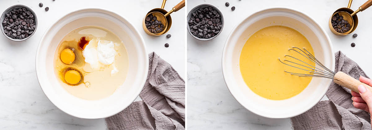 Side by side photos of wet ingredients to make Protein Cake in a bowl, before and after being whisked together.