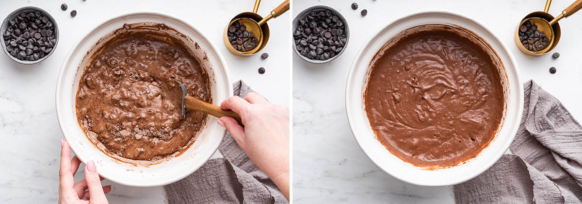 Side by side photos showing batter being mixed smooth to make Protein Cake.