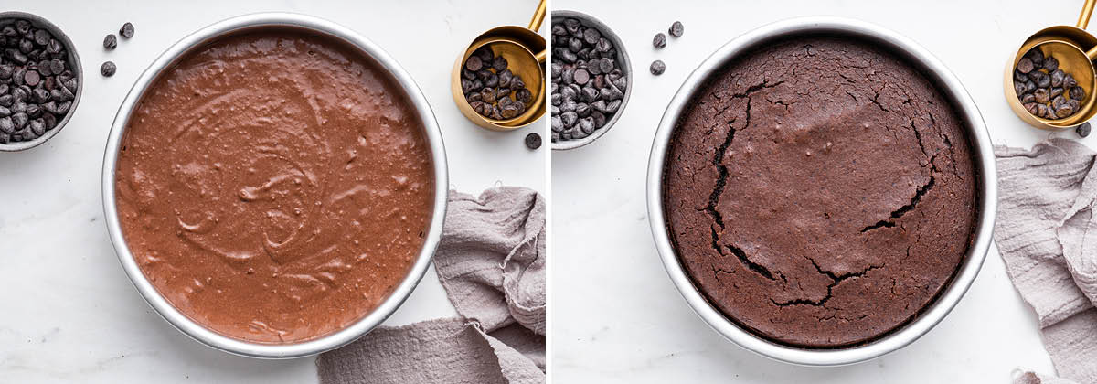 Side by side photos of chocolate Protein Cake in a cake pan, before and after being baked.